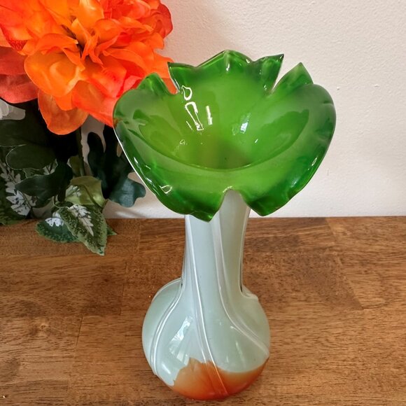 Vintage Hand Blown Art Glass Vase Green Ruffled Top Orange Swirl Base Mid Centur - Picture 2 of 5